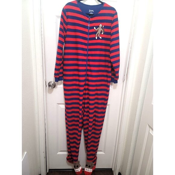 NICK & NORA Adult Sock Monkey Footed Onesie Pajamas Red & Blue Stripes Size L - Picture 2 of 15